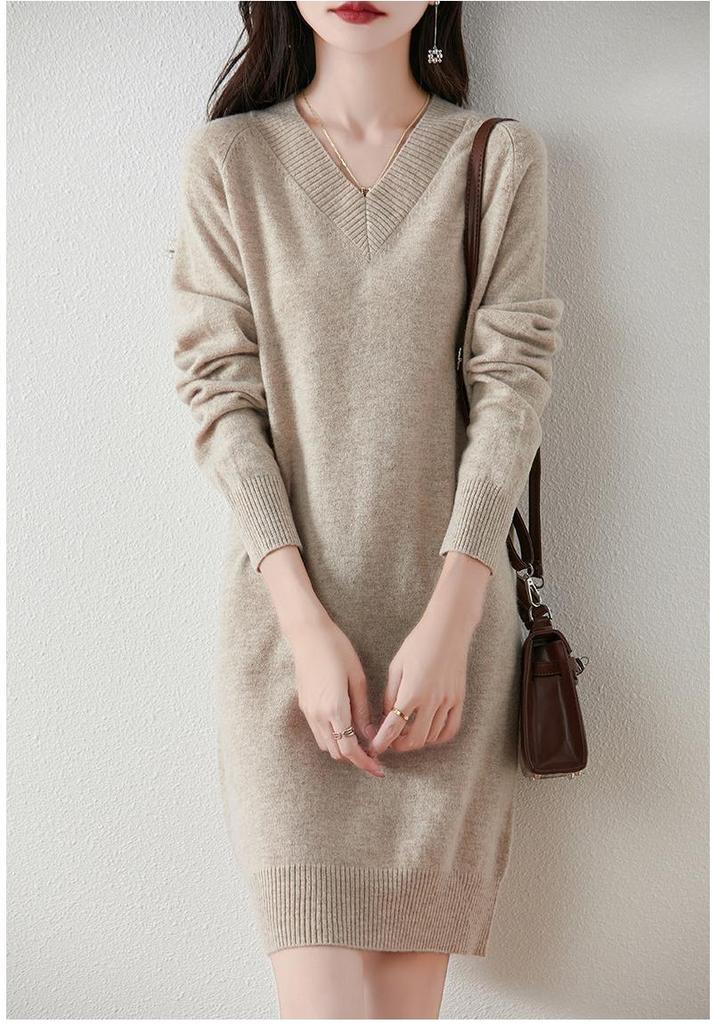 Women's V-Neck Mid-Length Cashmere Knit Dress - Loose Sheath Pullover, 100% Pure Cashmere