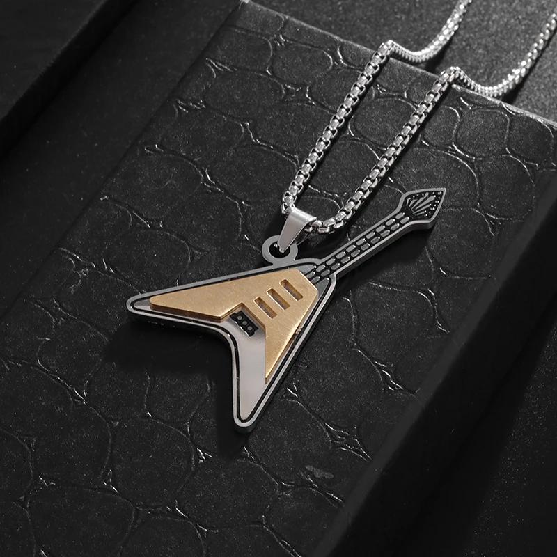Hip Hop Rock Instrument Bass Guitar Stainless Steel Pendant Necklace for Men Women Personalized Music Party Jewelry Gifts