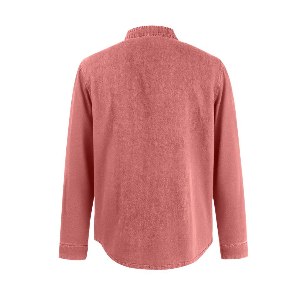 Men's Solid Color T-Shirt Washed Sports Button Pocket Lapel Collar Long Sleeve Tops