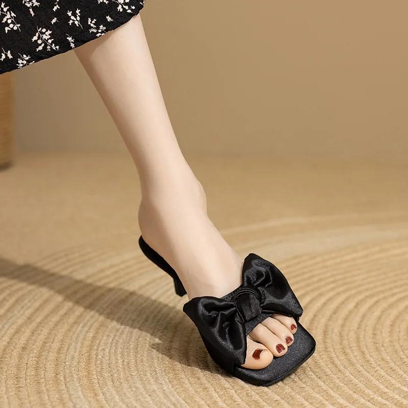 Butterfly knot stiletto sandals women's fashion square head open toe set foot anti-slip wear-resistant high-heeled slippers