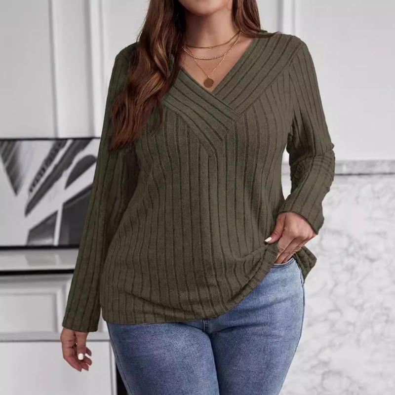 Cross V-neck long-sleeved pit strip brushed pullover women's sweater, autumn and winter solid color large size new women's long-sleeved top