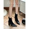 Sheepskin version~ French pointed high-heeled short boots women's autumn and winter Chelsea buckle back zipper thick heel elastic thin boots