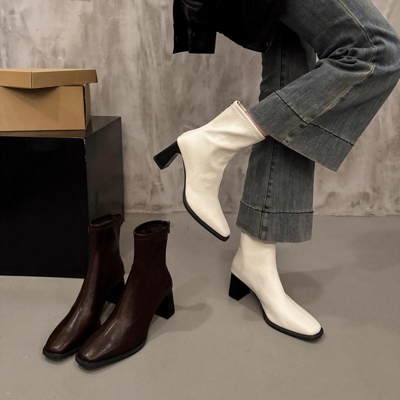 Black High-heeled Short Boots for Women's Autumn and Winter New French Retro Square Head Thin Boots Versatile Thick-heeled Martin Boots for Women's S