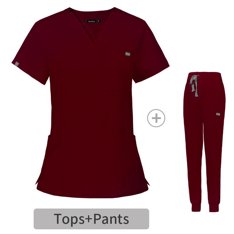 Elastic V-Neck Short Sleeve Nurse Uniform Set for Women - Surgical Scrub Suit in Stock