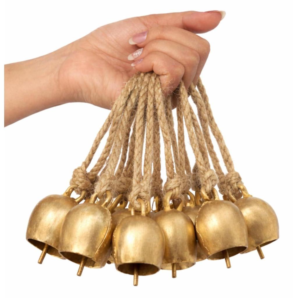 Rustic Brass Finish Hanging Bells Pack of 10 | Vintage Mini Bells with Rope for Home Decor,