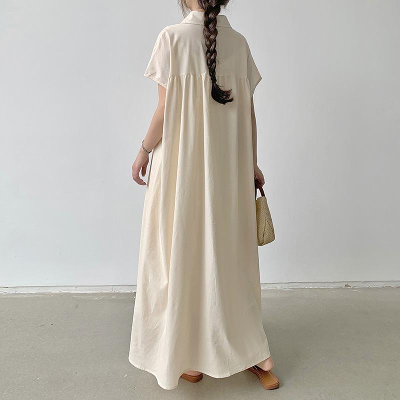 Skirt Short Sleeve Hemp Dress Women Loose Lapel Casual Shirt Dress
