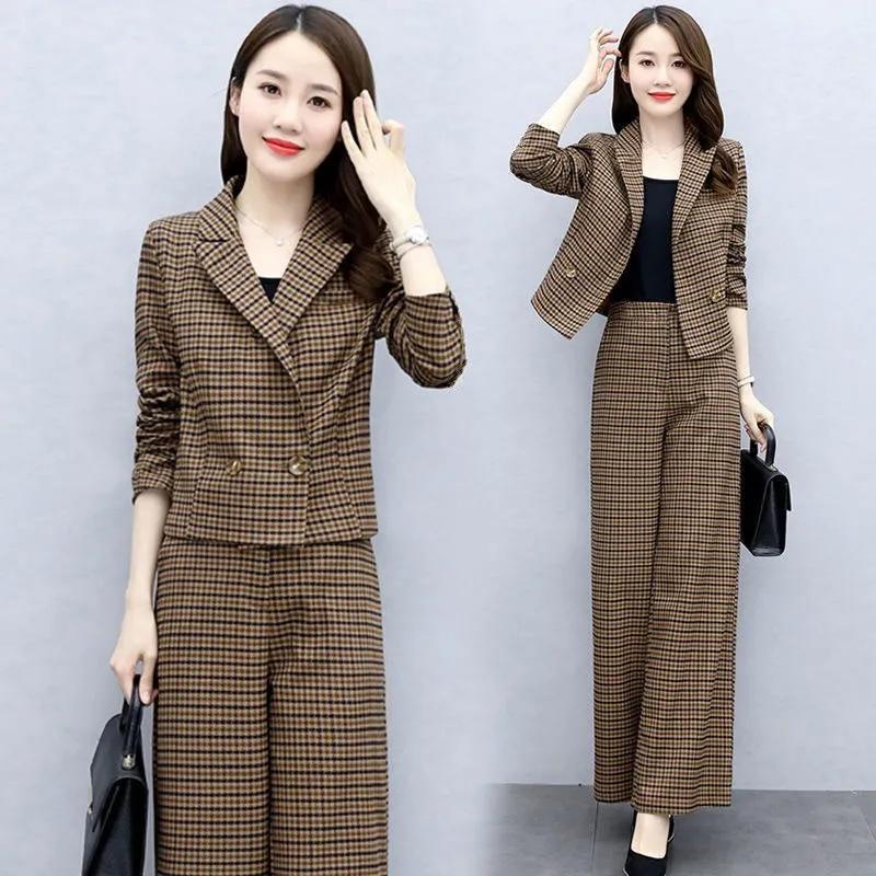 Elegante Traje de 2 piezas a cuadros con pantalones acampanados para mujer, Ropa de mujer de moda de estilo coreano para primavera otoño