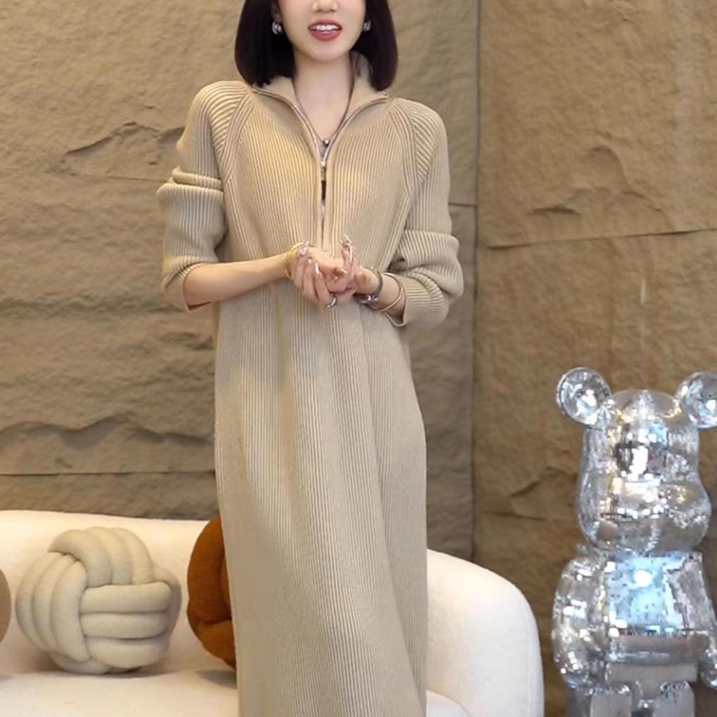 Women's Cozy High Neck Zipper Over-the-Knee Knitted Dress for Autumn & Winter