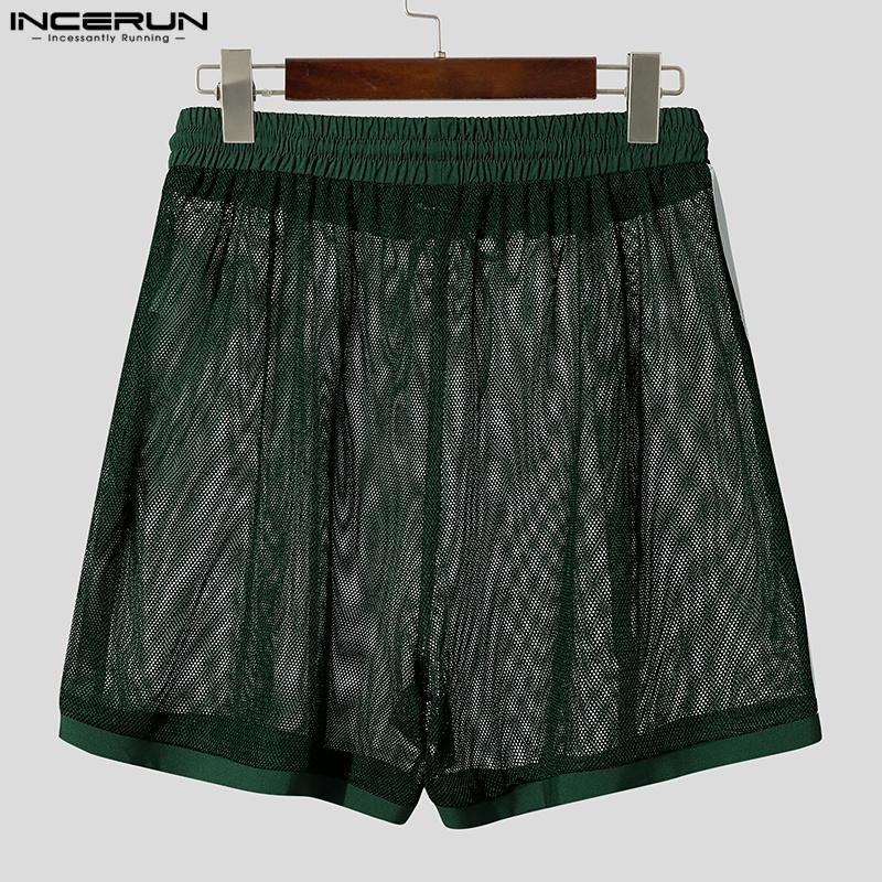 INCERUN Men Elastic Waist Mesh Sheer Stitching Beach Mini Pants Shorts Home Wear