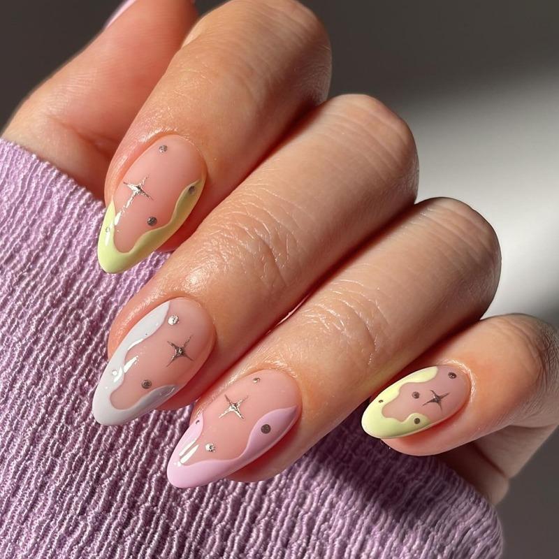 Noste Dlouhý Francouzský Ručně Dělaný Manikúrní Kousek Kamínkový Postupný Přechod Odnímatelná Nálepka na Nehty