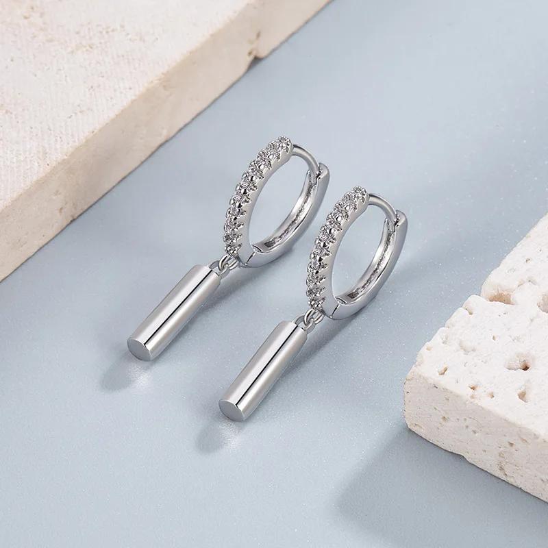 Women Earrings Original 925 Sterling Silver Pave CZ Round Stick Huggie Hoop Earrings Engagement Wedding Party Jewelry