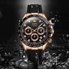 OLEVS Men's Sports Quartz Chronograph Watch Black Silicone Strap Rose Black Dial Date Display 41.5mm Waterproof
