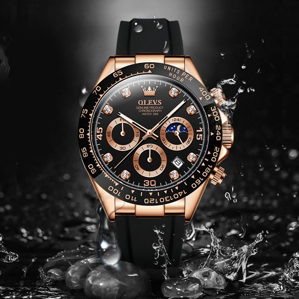 OLEVS Men's Sports Quartz Chronograph Watch Black Silicone Strap Rose Black Dial Date Display 41.5mm Waterproof