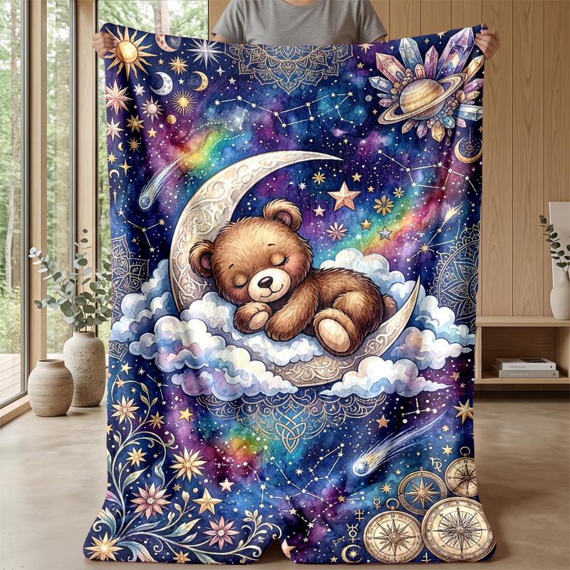 Teddybären mit Mond und Sternen Thema Decke Leichte Warme Flanelldecke Dekorative Überwurfdecke für Heimdekoration