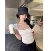 Pure Back Lace Square Neck Short Sleeve T-Shirt Women's Spring Front Shoulder T-Shirt Slim Skinny Big Neckline Spice Girl Top