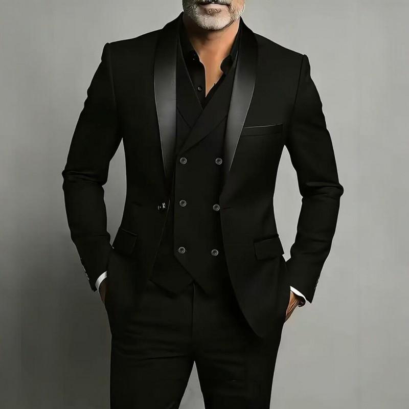 Mens Slim Fit 3-Piece Suit Set With Shawl Lapel Double Vent Tuxedo Wedding Groom Groomsman Formal Event