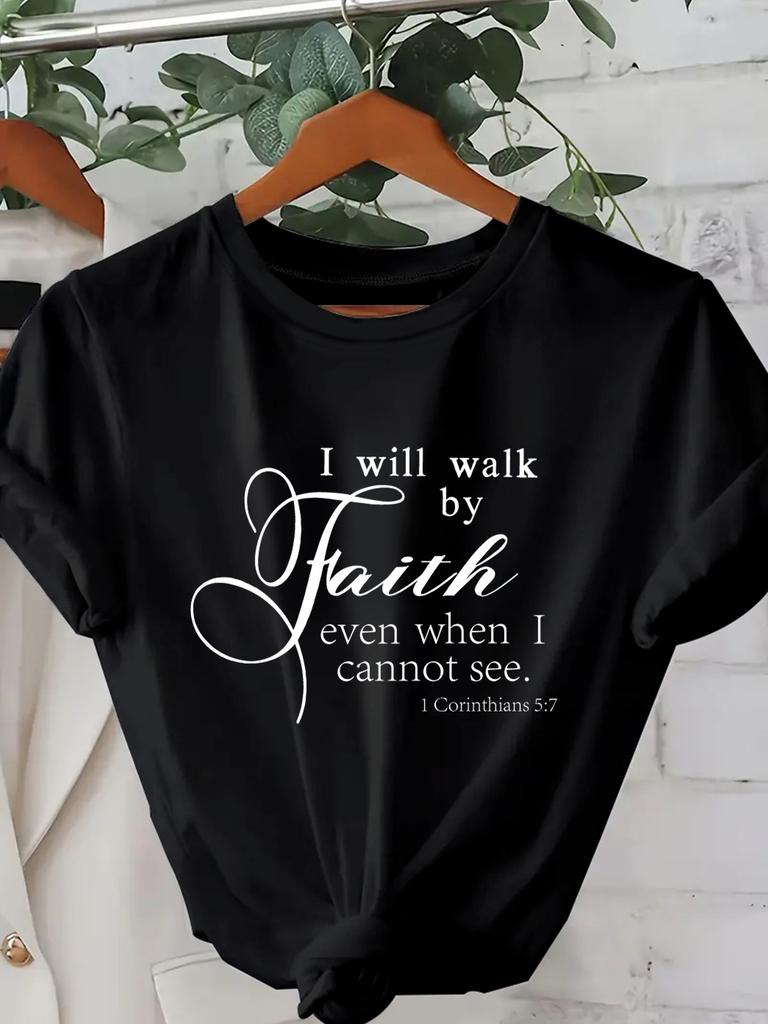 Walking with Faith Womens Tshirt A Pink Casual and Comfortable Cotton Streetwear Featuring Bible Verses As The Design Pattern