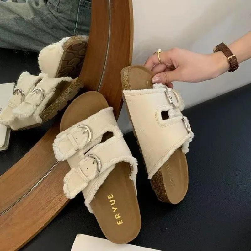 Französische Retro Gürtelschnalle Denim Hausschuhe Damen Quaste Lässige Flip Flops Damen Sommer Outdoor Urlaub Strandschuhe Damen Sanda