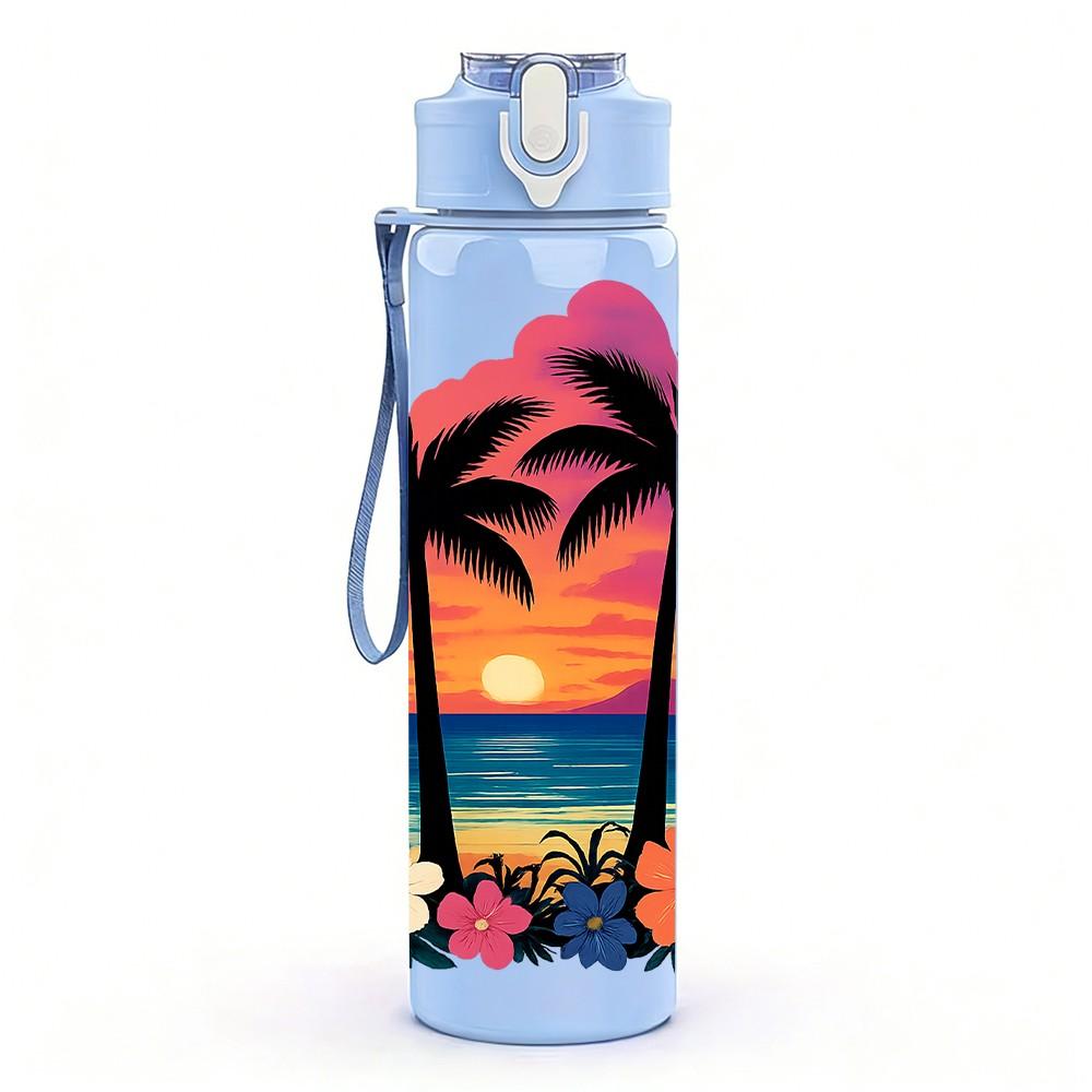 1PC Palm Tree Sunset Beach Pattern 750ml Color Plastic Sports Water Bottle Leakproof Flip Straw Lid Suitable for Sports Office Home Use