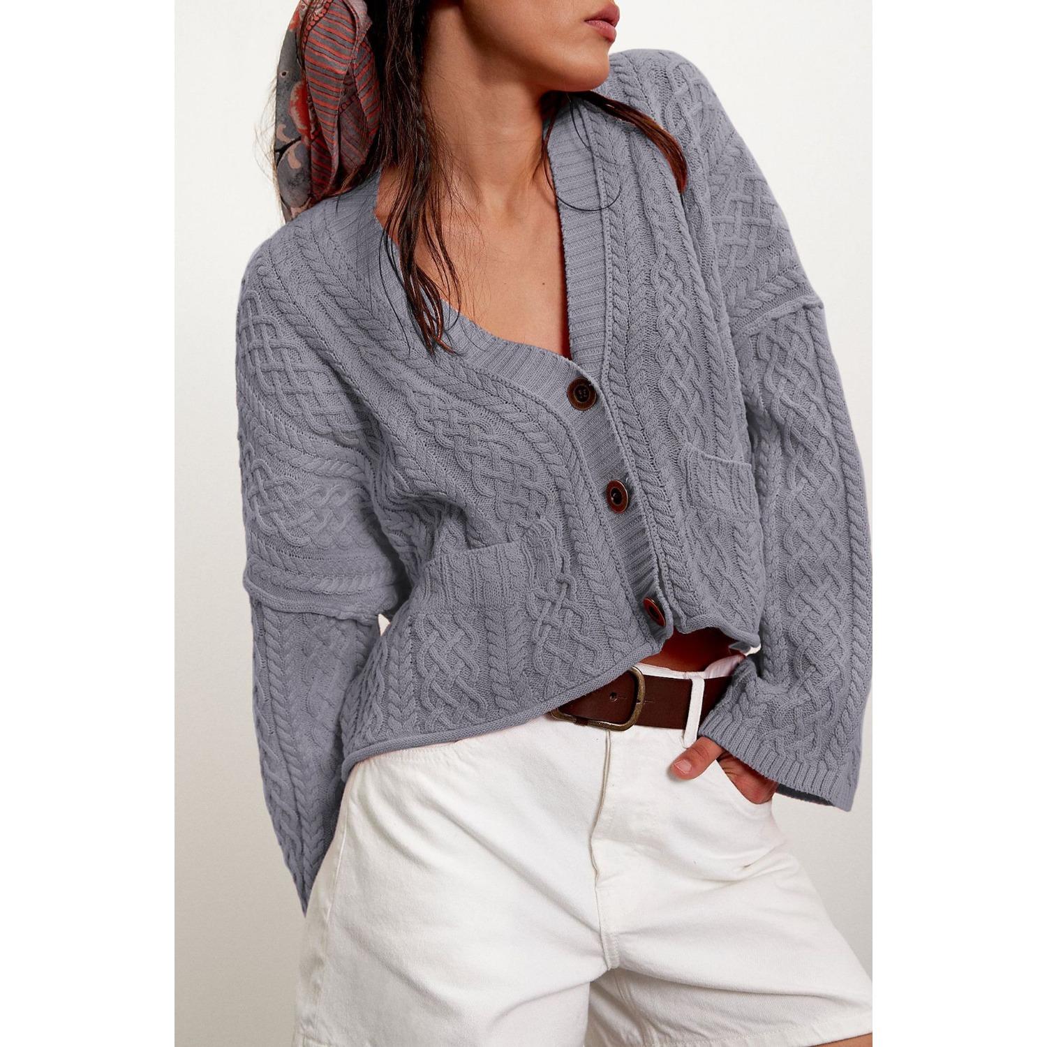 

Новая осенне-зимняя женская одежда Короткий вязаный кардиган-жакет свободного кроя с косами однотонный XL серый