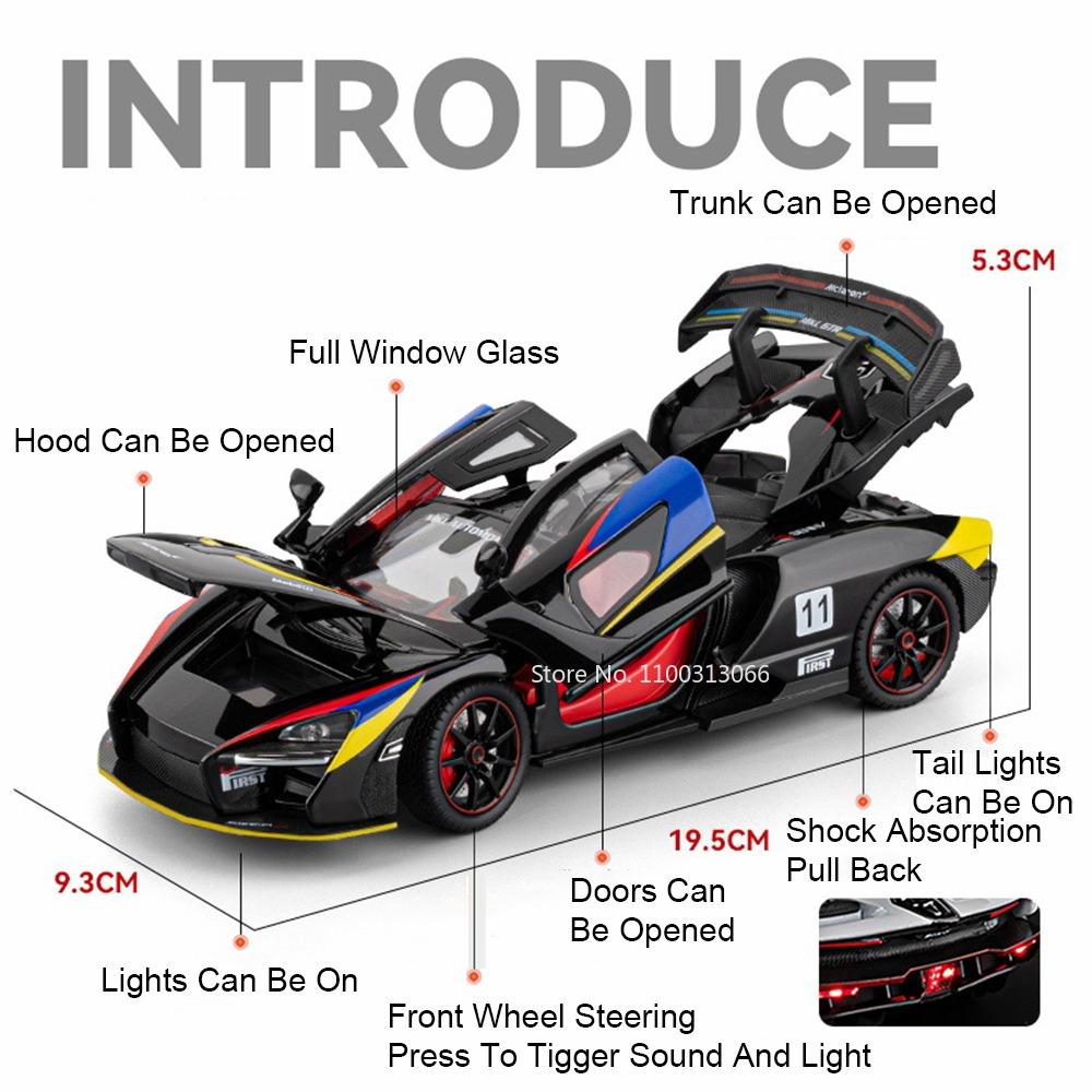 1:24 P1 Senna Toys Cars Models Alloy Doors Opened Miniature Supercar Light Sound Wheel Pull Back Sports Car Boys Festival Gifts
