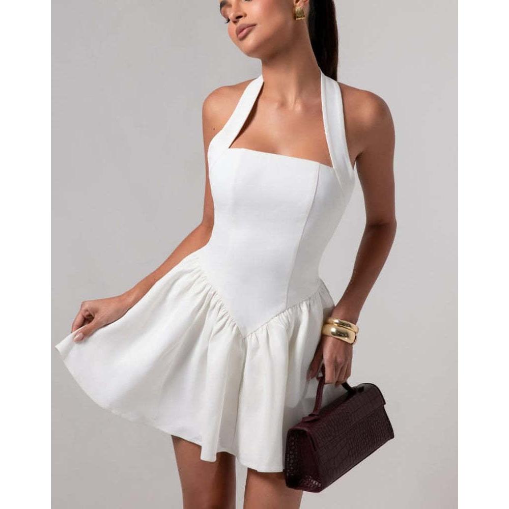 Women's Square Neck Sleeveless Mini Dress Slim Fit Mid Rise Elegant Flared Skirt Halter Party Dress Solid Backless Short Gown