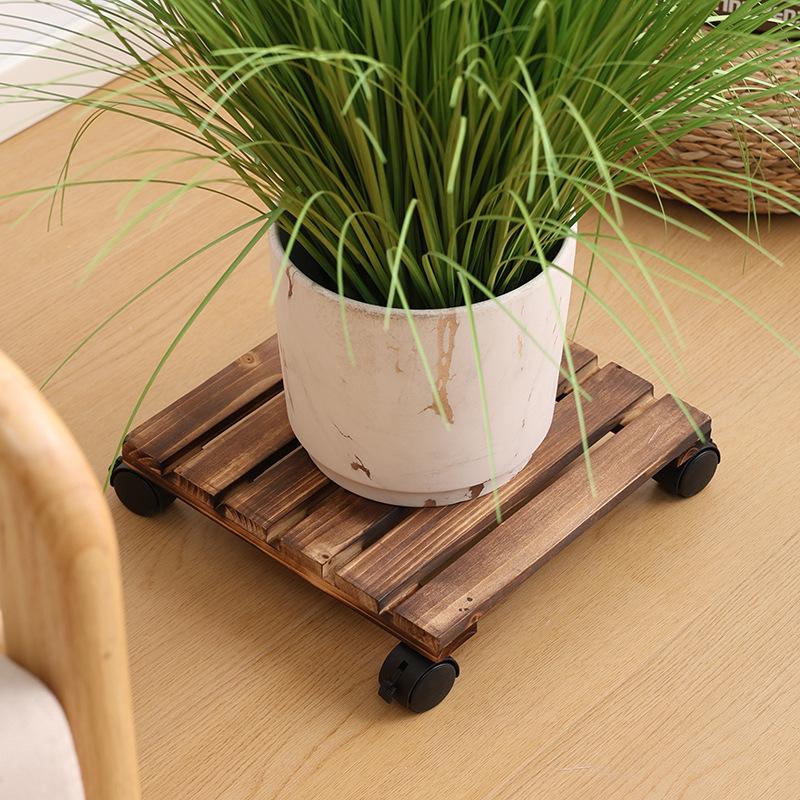 Solid Wood Planter Tray Potted Stand Rack Bonsai Round Wheel Flowerpot Wooden Holder