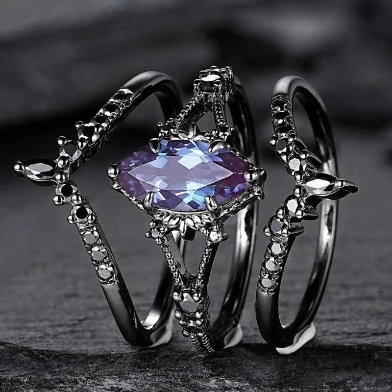 Vintage Black Color Geometry Inlaid with Colored Zircon Women's Ring Fashion Party Engagement Set of Rings Jewelry