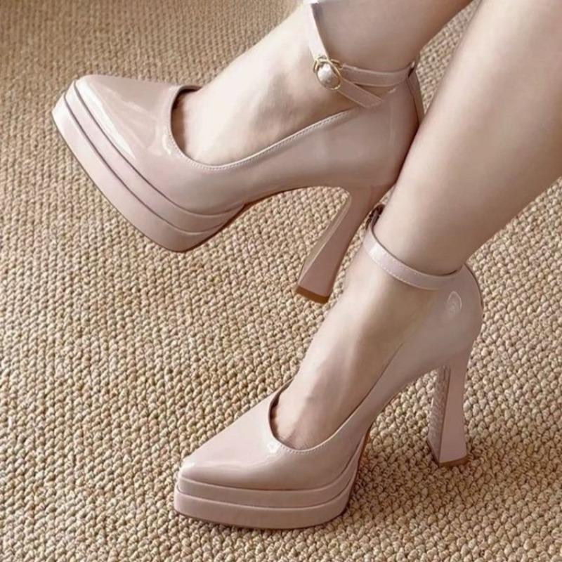 

Лакированная кожа Супер высокий каблук Одинарные туфли Осень Новые Острый носок Мелкий вырез Ремешок-слинг Платформа Нескользящие Высокие каблуки 39