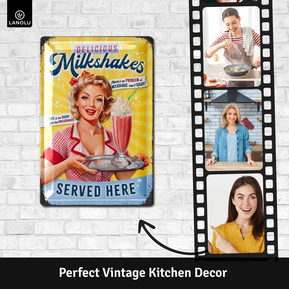 LANOLU Retro Kitchen Milkshake Tin Sign - Vintage US Diner Metal Decor for Milkshake & Cupcake Lovers