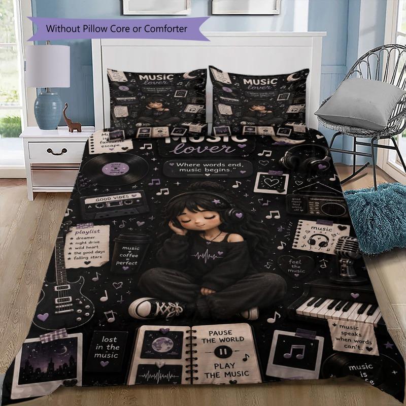 Music Lover Girl Vinyl Record Print 3 Pieces Duvet Cover Set Music Theme Bedding Set Bedroom Home Decor Without Pillow Core Comforter