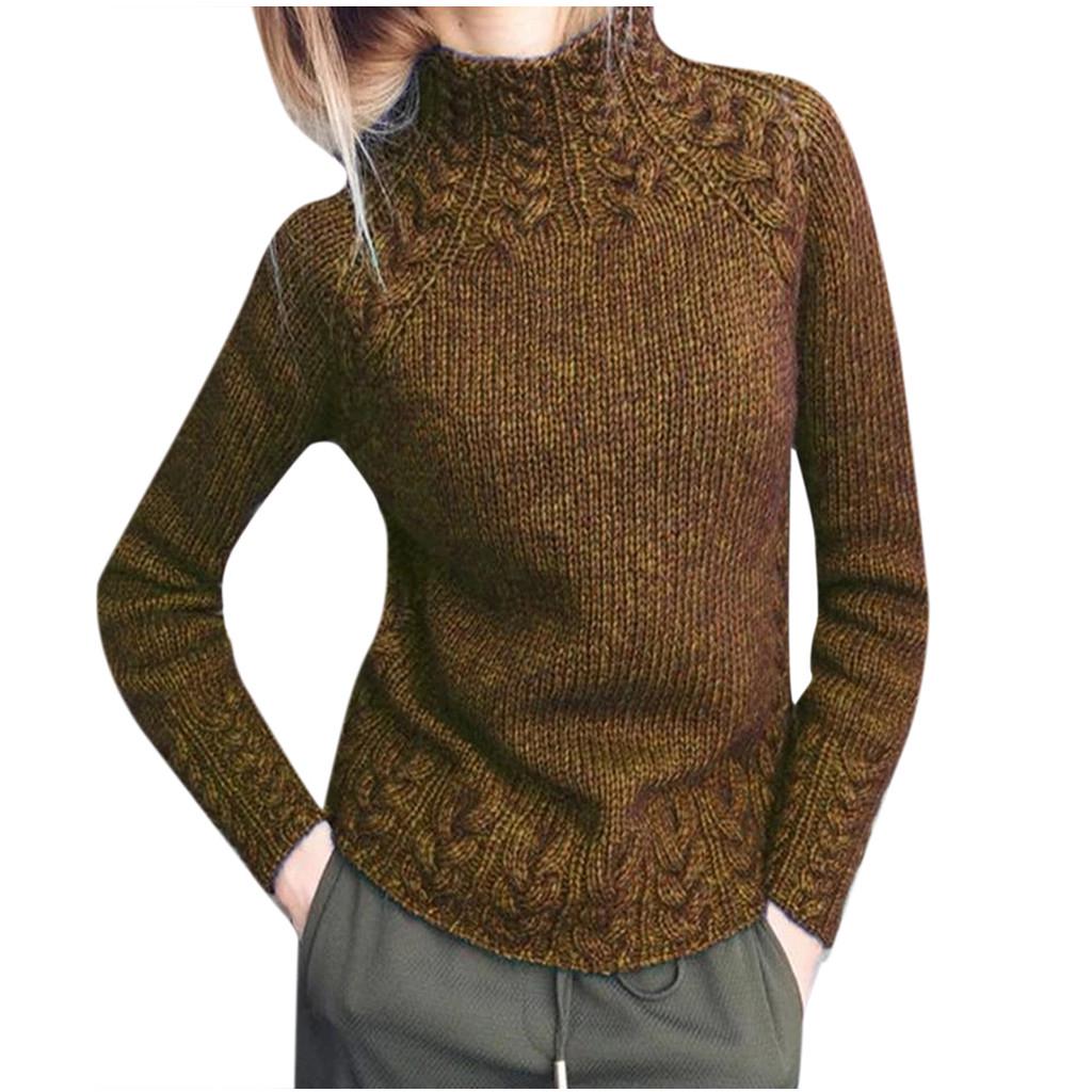 Women Sweater Solid Color Linen Sweater Knitted Turtleneck Sweater