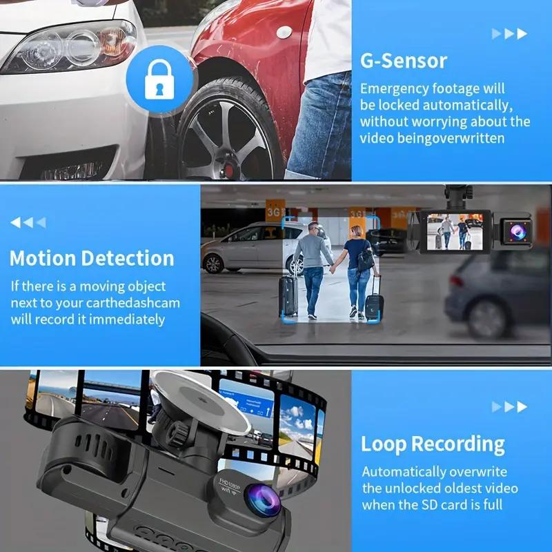 1080P WIFI 3 Channel Dash Cam, 1080P WIFI Dash Cam for Car, G-Sensor, Deg Wide Angle Dashboard with Infrared Night Vision