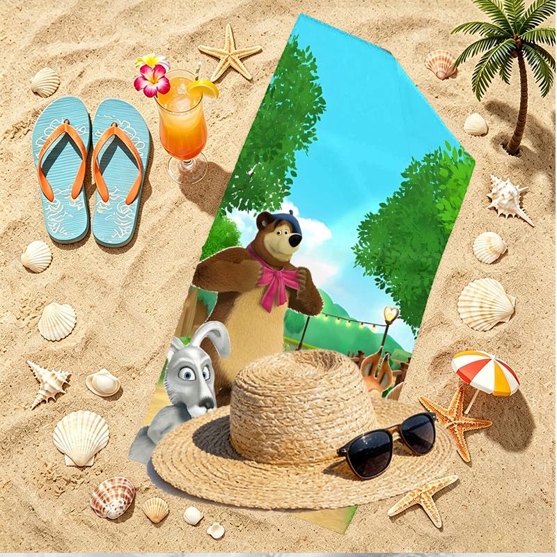 Masha and The Bear Print Beach Towel, Versatile Lightweight Absorbent Beach Towel for Pool Surf Yoga Bathroom, Perfect Birthday Holiday Gift