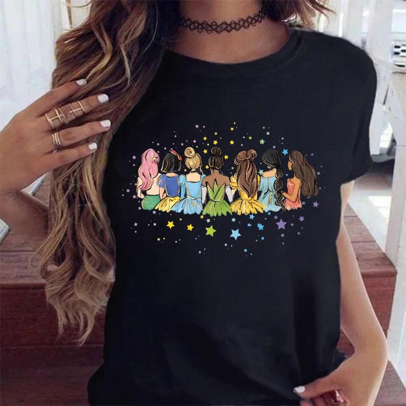 Fashion Cartoon Princess Printed T Shirt Watercolor Magic Castle Princess Women T Shirt Short Sleeves Crew Neck FeUnisex Clothes