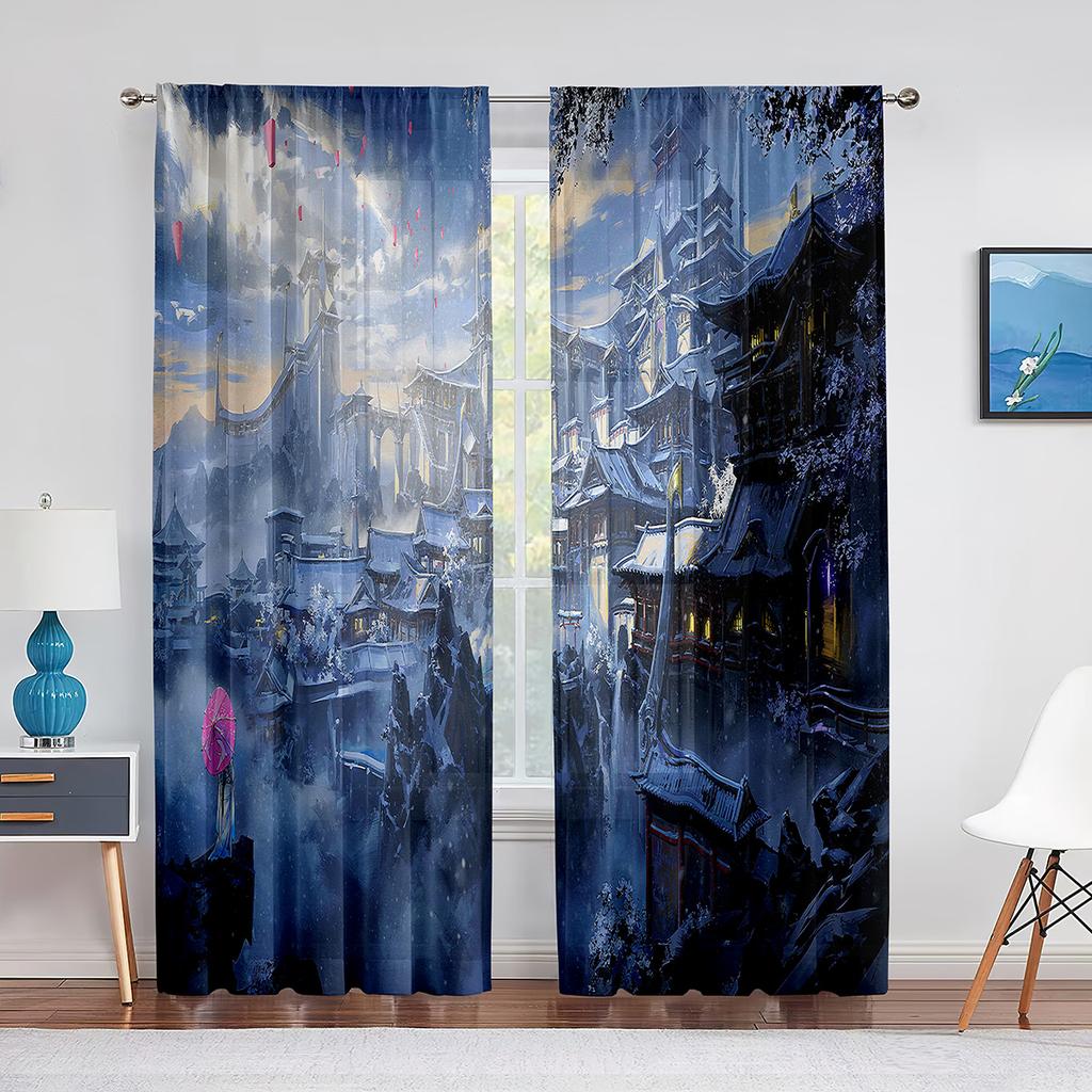 Medieval Castle In Winter Scenery Sheer Curtains for Living Room Bedroom Decor Window Tulle Curtain Transparent Chiffon Curtains