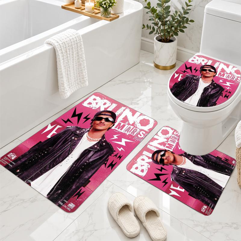 3Pcs Flannel Toilet Mat Set Bruno Mars Bathroom Rug Non Slip Bath Carpet Home Decor