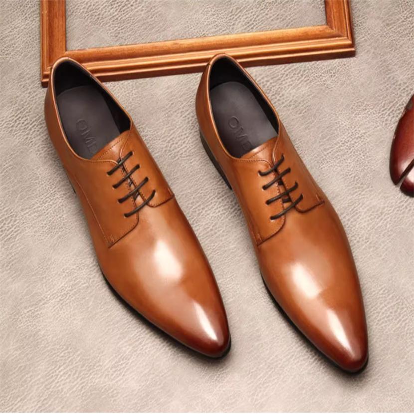 

New shoes men, pointy business dress shoes, , high-grade, leather, large size, derby style, wedding, Handmade 45 коричневий