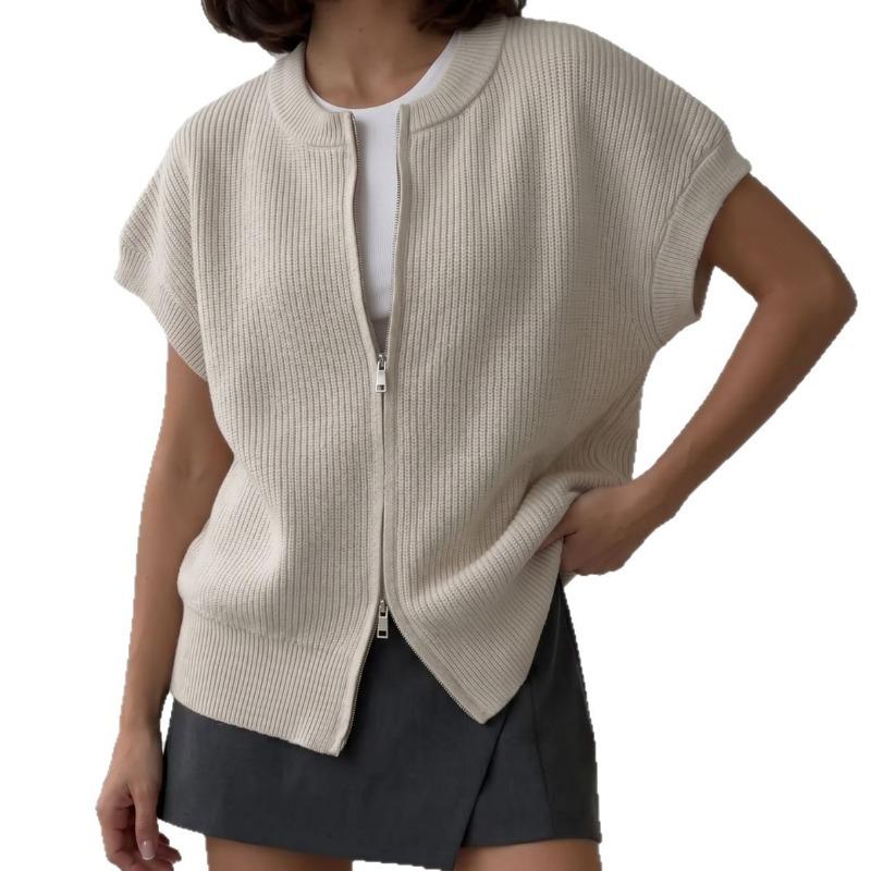 Western Style Double Zipper Knit Vest Women Loose Elegant Cardigan