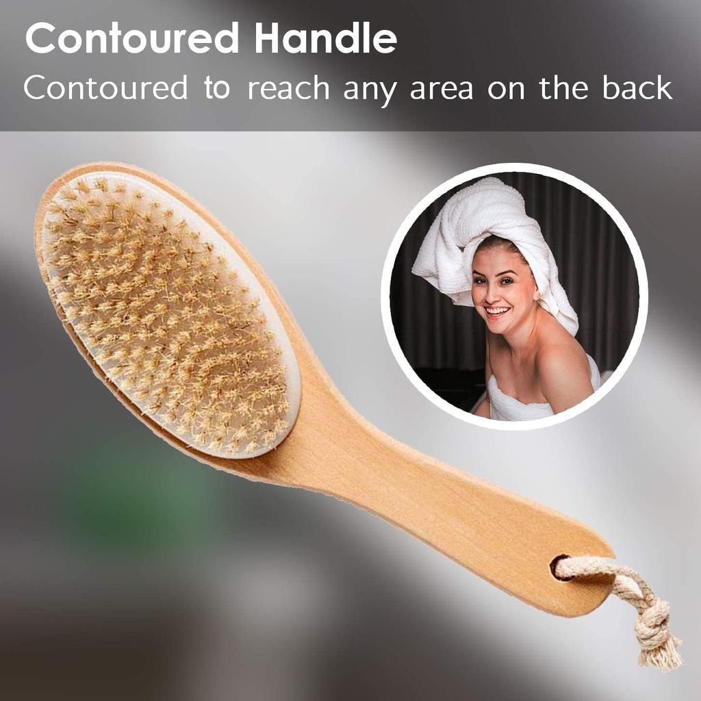 AISHU Wooden Bath Brush for Dry Brushing | Natural Boar Bristles with Contoure Angled Wooden Handle | Dry Brushing Removes Dead Skin and Stimulates