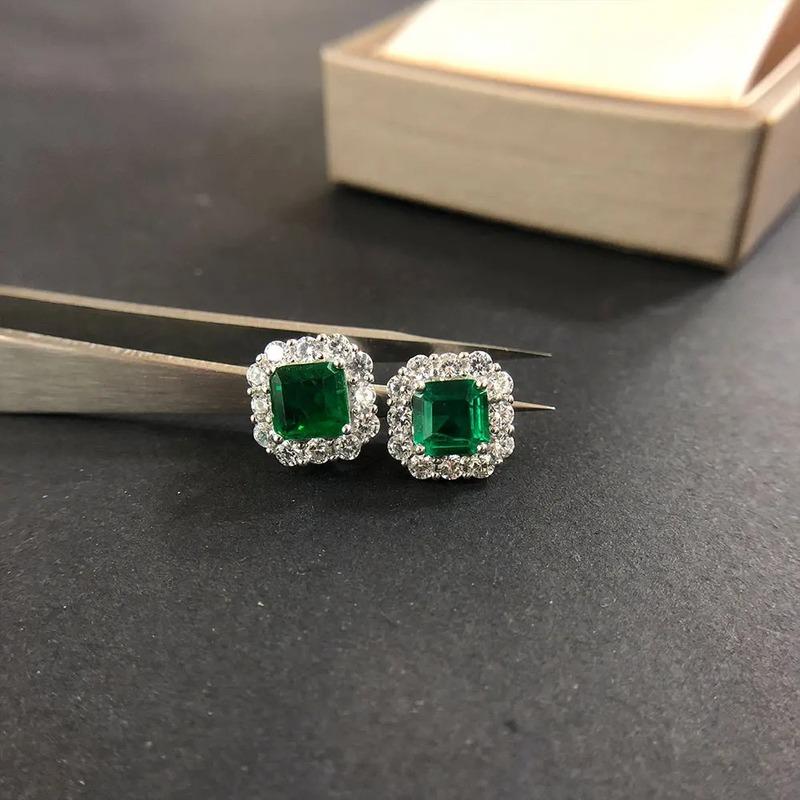 100% 925 Sterling Silver 7*7MM Asscher Cut Emerald High Carbon Diamond Gemstone Vintage Ear Studs Earrings  Fine Jewelry Party