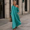 Polyester Dress Women Summer Maxi for Women, Casual Loose One Shoulder Long Sleeve Dress, Flowy Beach Vacation Sundress wwith Pockets Elegant