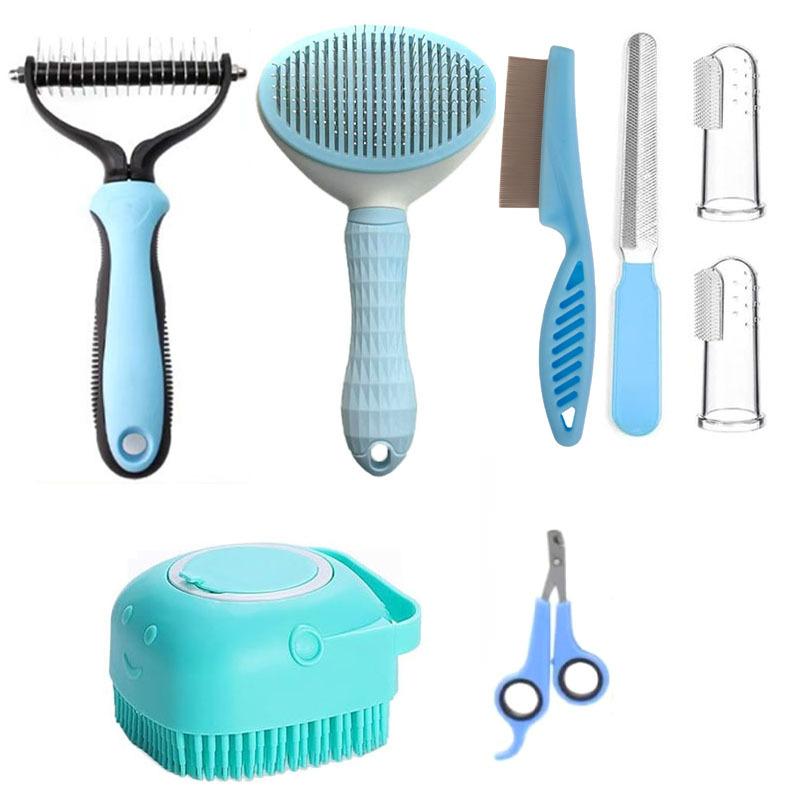 10-piece Cat and Dog Brush Beauty Set, Self-cleaning Rake Brush, Nail Clipper, Flea Comb, Bath Brush, Finger Cots