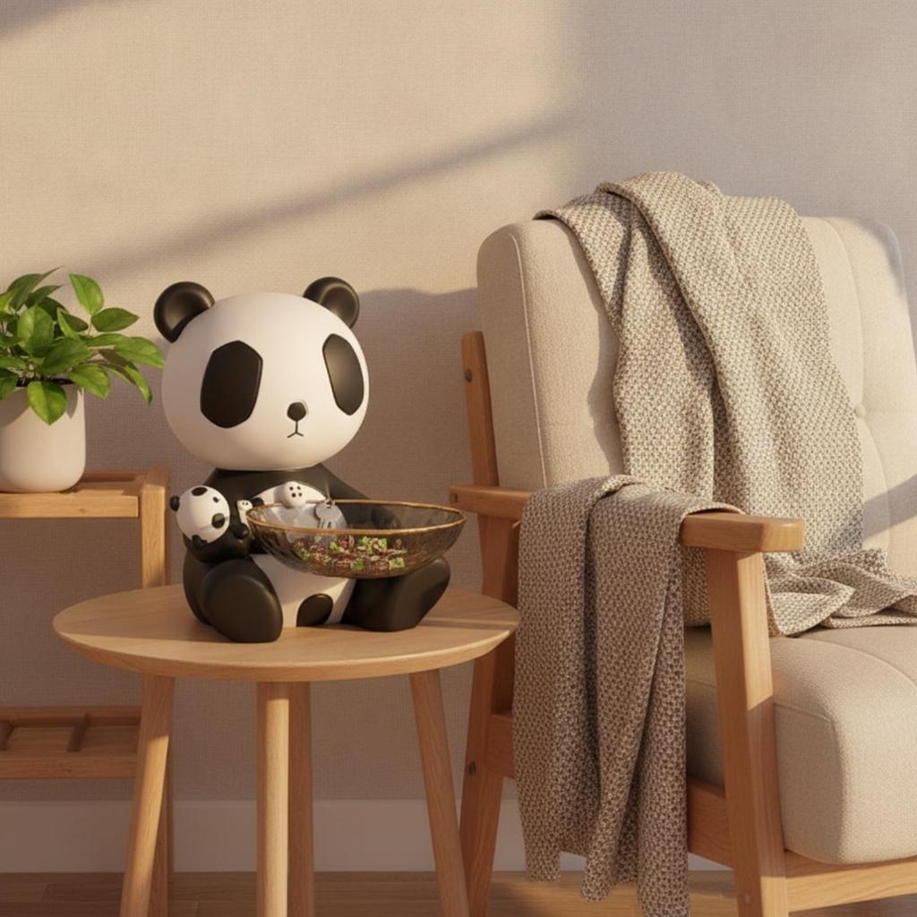 Panda Figurine with Storage Bowl Decorative Statue Cute Catchall Dish for Living