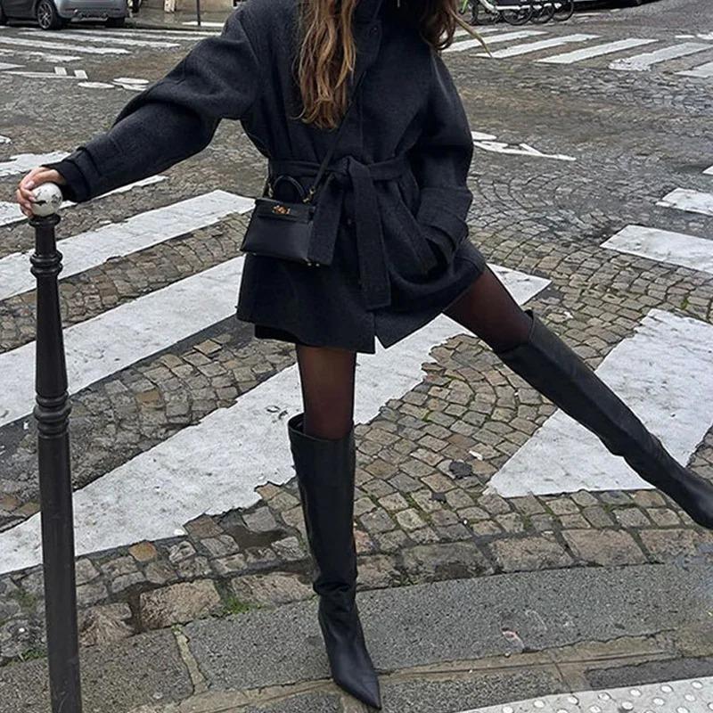 Cappotto Invernale Caldo da Donna Vintage con Lacci in Lana Moda Monopetto Tinta Unita Soprabito Retro Giacche con Collo Alto