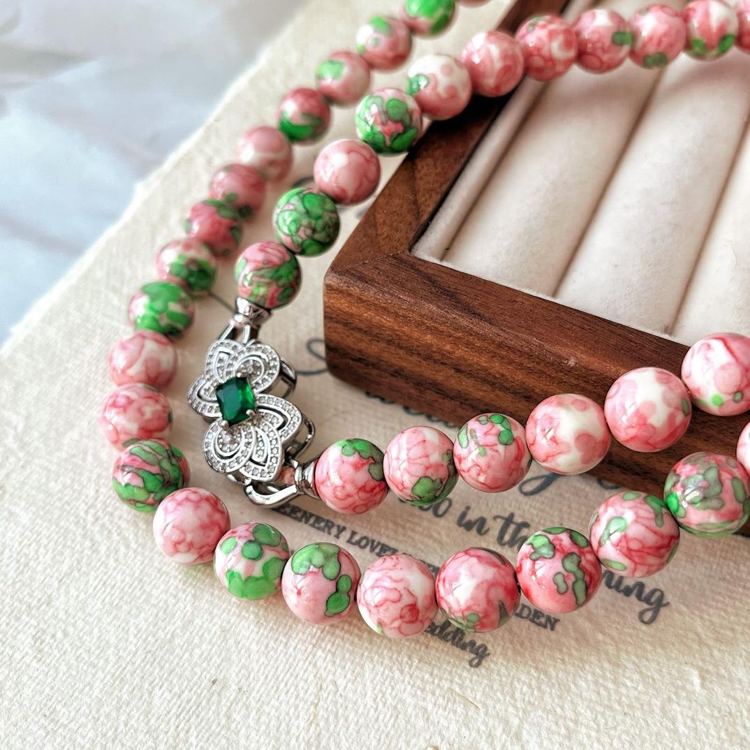 Vintage Spring Powder Crystal Artificial Crystal Pearl Design Clavicle Chain Necklace
