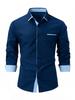 Men's Color Block Slim Fit Cotton Shirt - Long Sleeve, High-End Business Fashion