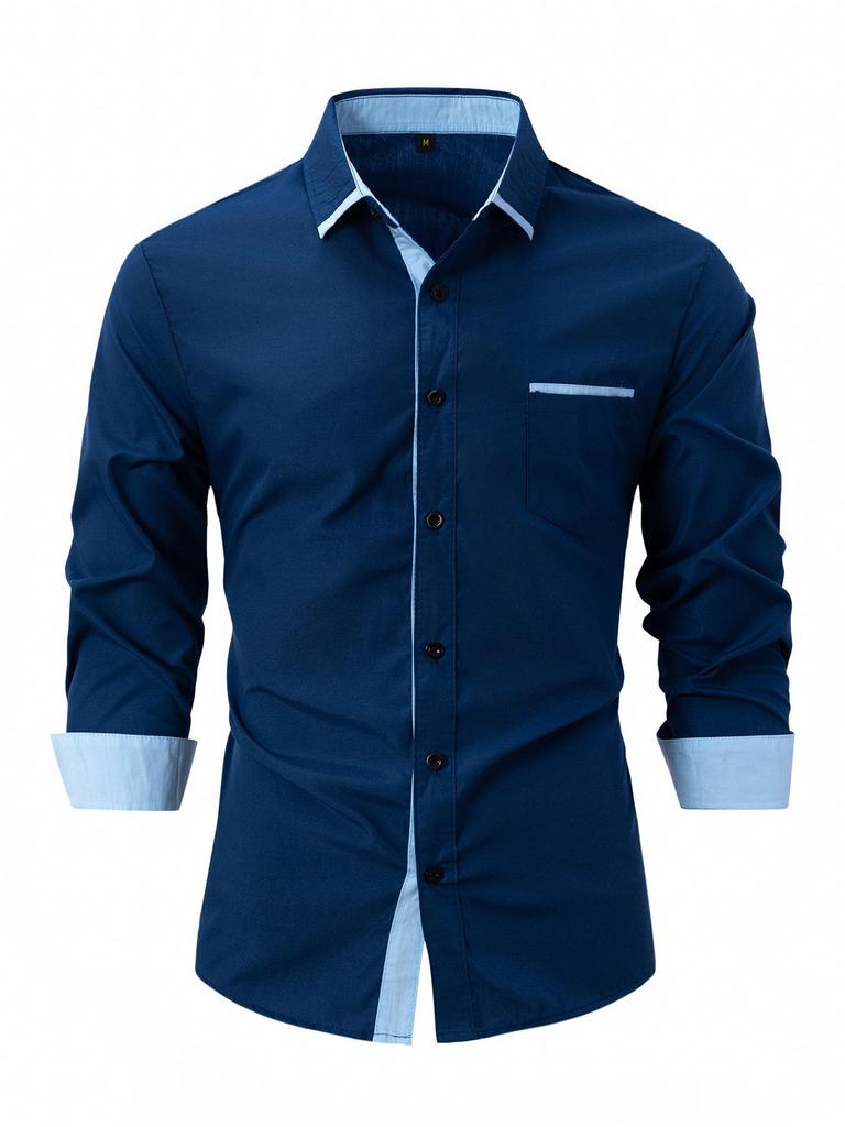 Men's Color Block Slim Fit Cotton Shirt - Long Sleeve, High-End Business Fashion