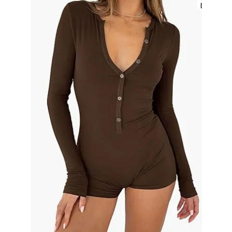 Amazon 2024 European and American Autumn New Women's Tight One-Piece Shorts Casual Button Cotton Top Long sleeve V-neck