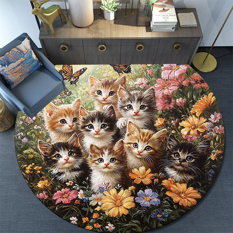 Kittens in Flowers Round Area Rug,Carpet Rug for Living Room Bedroom Sofa Playroom Decor,Non-slip Floor Mat